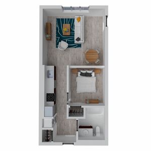 Modern 1-bedroom apartment floor plan featuring an open-concept living area with a stylish kitchen, cozy bedroom, and contemporary bathroom.