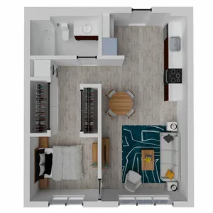 Modern open-concept floor plan featuring 1 bedroom, 1 bathroom, a cozy living room, and a stylish kitchen with contemporary design elements.