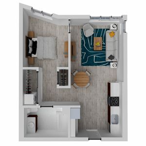Modern open-concept floor plan showcasing a stylish living room, cozy bedroom, sleek kitchen, and contemporary bathroom.