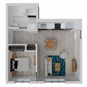 Modern 3D floor plan showcasing an open-concept layout with a cozy bedroom, compact kitchen, and spacious living area with stylish decor.
