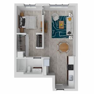 Chic 1-bedroom apartment floor plan featuring an open living area, modern kitchen, and stylish bathroom.