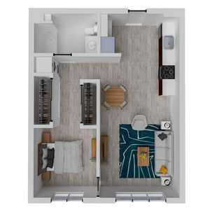 Modern floor plan showcasing a cozy 1-bedroom apartment with open-concept living room, chic kitchen, spacious bathroom, and dining area.