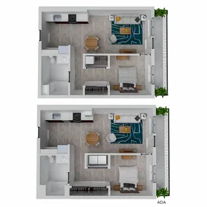 Modern 2D apartment floor plan showcasing efficient 1-bedroom layout with open-concept living area, stylish kitchen, and private balcony, highlighting smart space utilization.