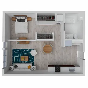 Modern open-concept studio apartment floor plan featuring a cozy sleeping area, stylish living room, compact kitchen, and elegant bathroom.