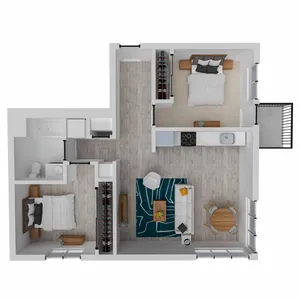 Modern 3D floor plan featuring two bedrooms, a spacious living area, a sleek kitchen, and a stylish balcony.