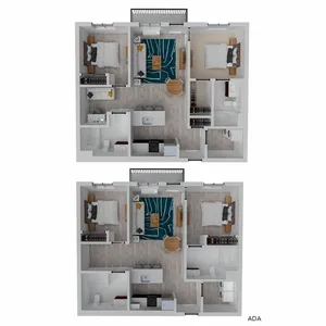 Modern dual apartment floor plans featuring 2 bedrooms, open living area, and sleek kitchen with ADA accessibility.