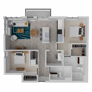 Contemporary 2-bedroom apartment floor plan with open-concept living and dining area, spacious kitchen, and private balcony.