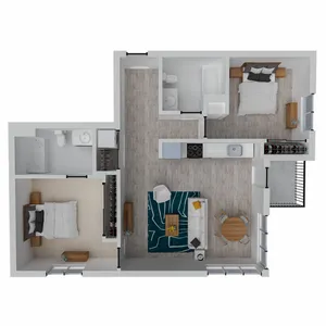 Modern floor plan showcasing 2 bedrooms, stylish living room, open kitchen, and cozy dining area.