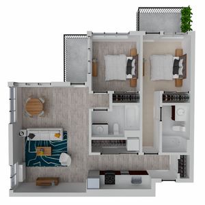 Modern floor plan showcasing 2 cozy bedrooms, an open living and dining area, sleek kitchen, and two bathrooms, complemented by dual balconies for relaxation.