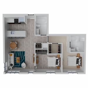 Modern 2D floor plan showcasing two cozy bedrooms, a stylish open-plan kitchen, and a welcoming living area with ample natural light.