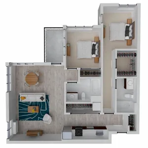 Modern 3D floor plan showcasing 2 spacious bedrooms, open living and dining area, contemporary kitchen, and two elegant bathrooms.