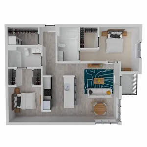 Modern 3D floor plan featuring two spacious bedrooms, an open-concept living area with sleek kitchen island, and a chic dining space. Includes a well-appointed bathroom and convenient laundry room.