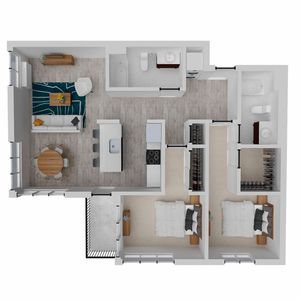 Chic 3D floor plan showcasing 2 bedrooms, modern kitchen, open-concept living and dining area, and two bathrooms, complete with designated closet spaces.