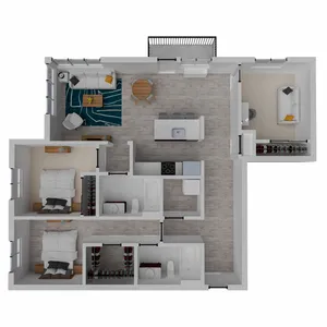 Elegant 3D floor plan showcasing two bedrooms, spacious open kitchen, relaxing living room, and cozy patio.