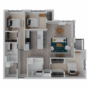 Modern 3-bedroom apartment floor plan with open-concept living room, stylish kitchen, and two elegant bathrooms.