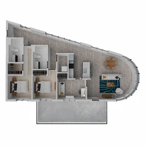 Elegant floor plan with two bedrooms, two bathrooms, modern kitchen, and curved living area with large windows.