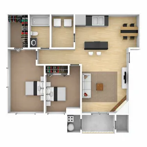 Contemporary 3D floor plan showcasing 2 bedrooms, a modern open kitchen, spacious living area, and a stylish bathroom layout.