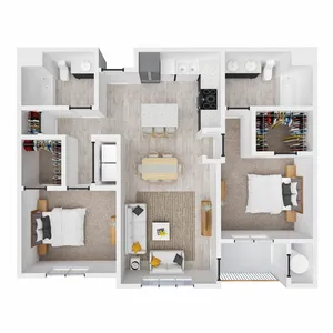 Modern floor plan featuring two spacious bedrooms, a stylish open-concept living and dining area, a contemporary kitchen, and two bathrooms with ample closet space.