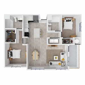Modern 3D floor plan showcasing 2 spacious bedrooms, open-concept kitchen and dining, elegant living room, and a private balcony.