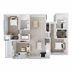 Modern 2D floor plan showcasing 3 bedrooms, a chic open-concept kitchen with island seating, and a cozy living area, perfect for contemporary living.