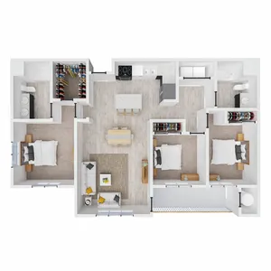 Contemporary open-concept floor plan featuring 3 bedrooms, 2 bathrooms, a spacious kitchen with island, and a cozy living area.
