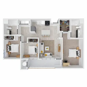 Contemporary floor plan showcasing 3 bedrooms, a sleek kitchen with island seating, and a cozy open living area.