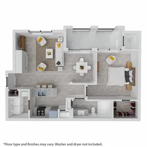 Modern 2D floor plan showcasing 1 bedroom, cozy living area, eating nook, and elegant kitchen with spacious closet.