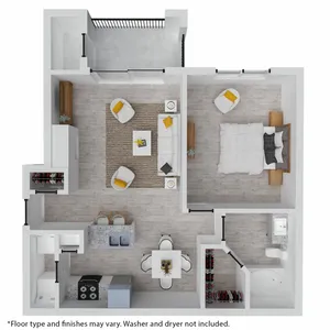 Modern 1-bedroom apartment floor plan with open-concept living room, balcony access, and stylish kitchen adjacent to dining area.