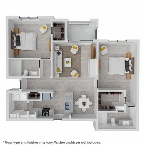 Modern 3D floor plan showcasing 2 bedrooms, a cozy living room, and a fully equipped kitchen with dining area.