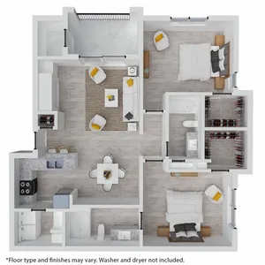 Modern 2D floor plan showcasing two spacious bedrooms, a cozy living area, sleek kitchen, and ample closet space, designed for comfort and style.