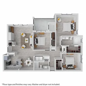 Modern floor plan with three spacious bedrooms, a cozy living room, sleek kitchen, and private balcony.