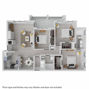 Modern 3-bedroom floor plan with open-concept living room, stylish kitchen, and private balcony.