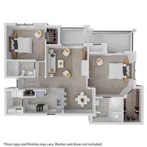 Modern 3D floor plan showcasing 2 spacious bedrooms, an elegant open-concept living area, and a contemporary kitchen with island seating.