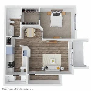 Chic 3D floor plan showcasing a spacious one-bedroom apartment with an open-concept living and dining area, modern kitchen, and ample closet space.