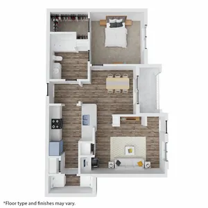 Modern open-concept floor plan featuring 1 bedroom, spacious walk-in closet, inviting kitchen with island dining, and a cozy living room.
