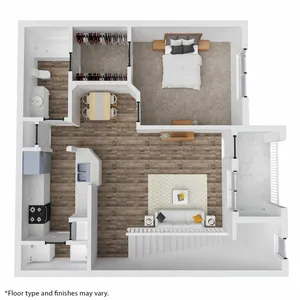 Modern 1-bedroom apartment floor plan showcasing spacious layouts with a cozy living room, stylish kitchen, dining area, and large walk-in closet. Perfect blend of functionality and contemporary design.