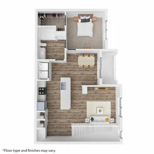 Modern 3D floor plan showcasing a spacious one-bedroom apartment with an open-concept kitchen, elegant dining area, and cozy living room.