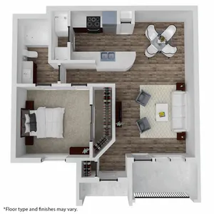 Modern 1-bedroom apartment floor plan with open-concept living and dining area, stylish kitchen, and elegant bathroom.