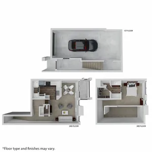 Contemporary three-story floor plan featuring a main bedroom suite, open-plan kitchen and living area, and convenient garage space.