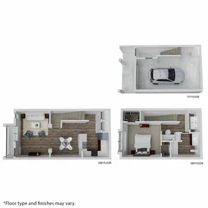 Modern three-level floor plan with a garage on the first floor, open-concept living and dining area on the second floor, and comfortable bedroom suite on the third floor.