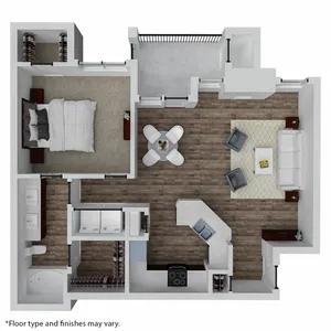 Contemporary 1-bedroom apartment floor plan with open living area, modern kitchen, cozy dining space, and private balcony.