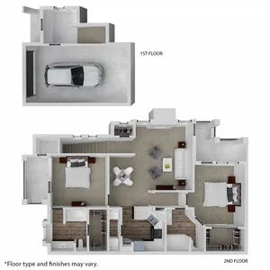 Charming floor plan with spacious 2 bedrooms, elegant open living area, modern kitchen, and convenient garage space.
