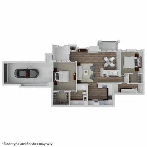 Contemporary 3D floor plan showcasing 2 bedrooms, spacious living area, modern kitchen, and attached garage.