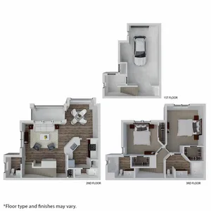 Contemporary 3D floor plan showcasing a garage on the 1st floor, an open-concept living and dining area on the 2nd floor, and two cozy bedrooms on the 3rd floor with modern bathrooms.