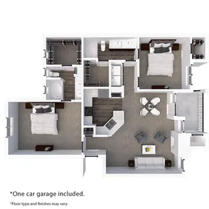 Modern 3D floor plan featuring 2 bedrooms, 2 bathrooms, an open-concept living area, and a stylish kitchen. Includes a one-car garage.