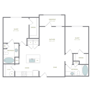 Modern 2D floor plan with 2 bedrooms, spacious kitchen, and inviting living area, featuring two refresh rooms and versatile gather and observe spaces.