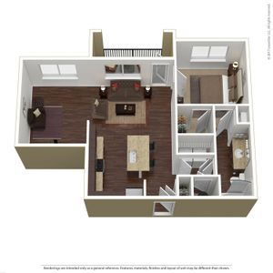 Modern 3D floor plan featuring a cozy 1 bedroom, inviting living area, and stylish kitchen with island seating.
