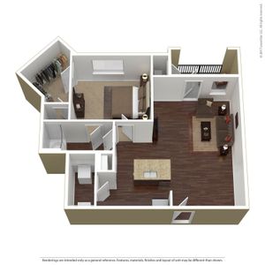 Chic 3D floor plan showcasing a modern 1-bedroom apartment with an open-concept living area, stylish kitchen island, spacious bathroom, and cozy balcony.
