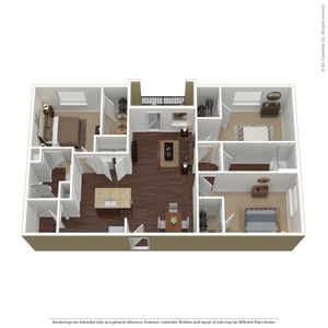 Modern 3D floor plan showcasing a stylish apartment with a spacious kitchen, cozy 2 bedrooms, inviting living area, and sleek bathroom.