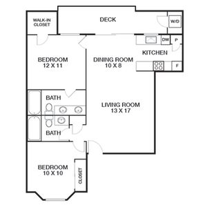Spacious floor plan with 2 bedrooms, 2 baths, inviting living room, efficient kitchen, and a relaxing deck area.